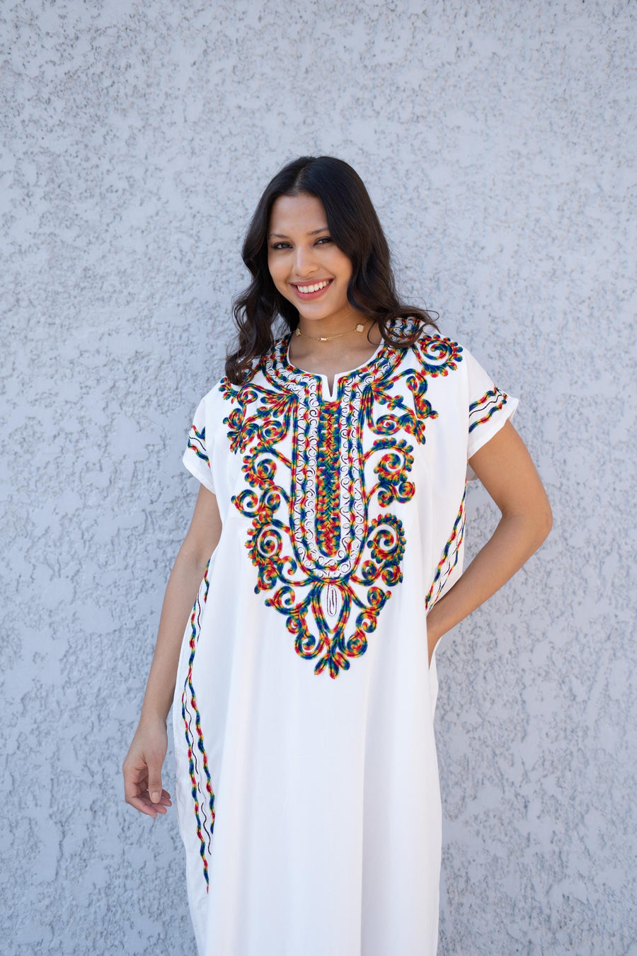 Colorful hand embroidered boho white caftan, women's caftan, Cotton Kaftan, Cotton caftan women, caftan, embroidered caftan, 01-25