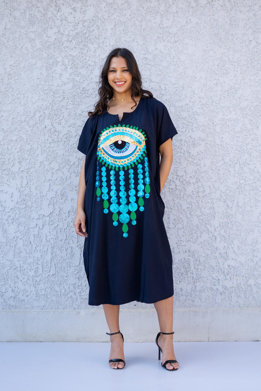 Evil eye Sequin Navy Blue Short midi kaftan dress, women's midi, Cotton Kaftan, Cotton caftan women, caftan, embroidered caftan 01-25