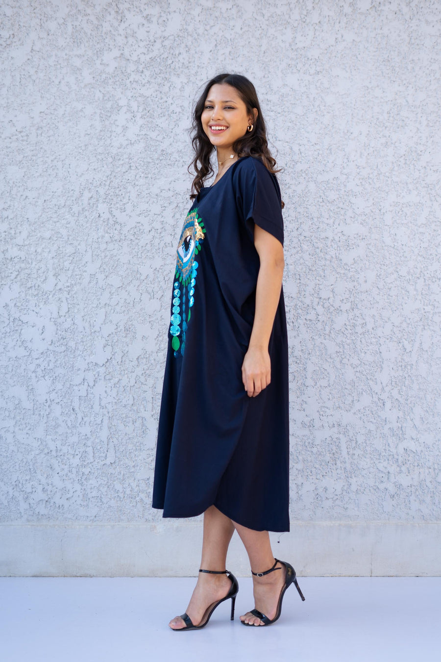 Evil eye Sequin Navy Blue Short midi kaftan dress, women's midi, Cotton Kaftan, Cotton caftan women, caftan, embroidered caftan 01-25