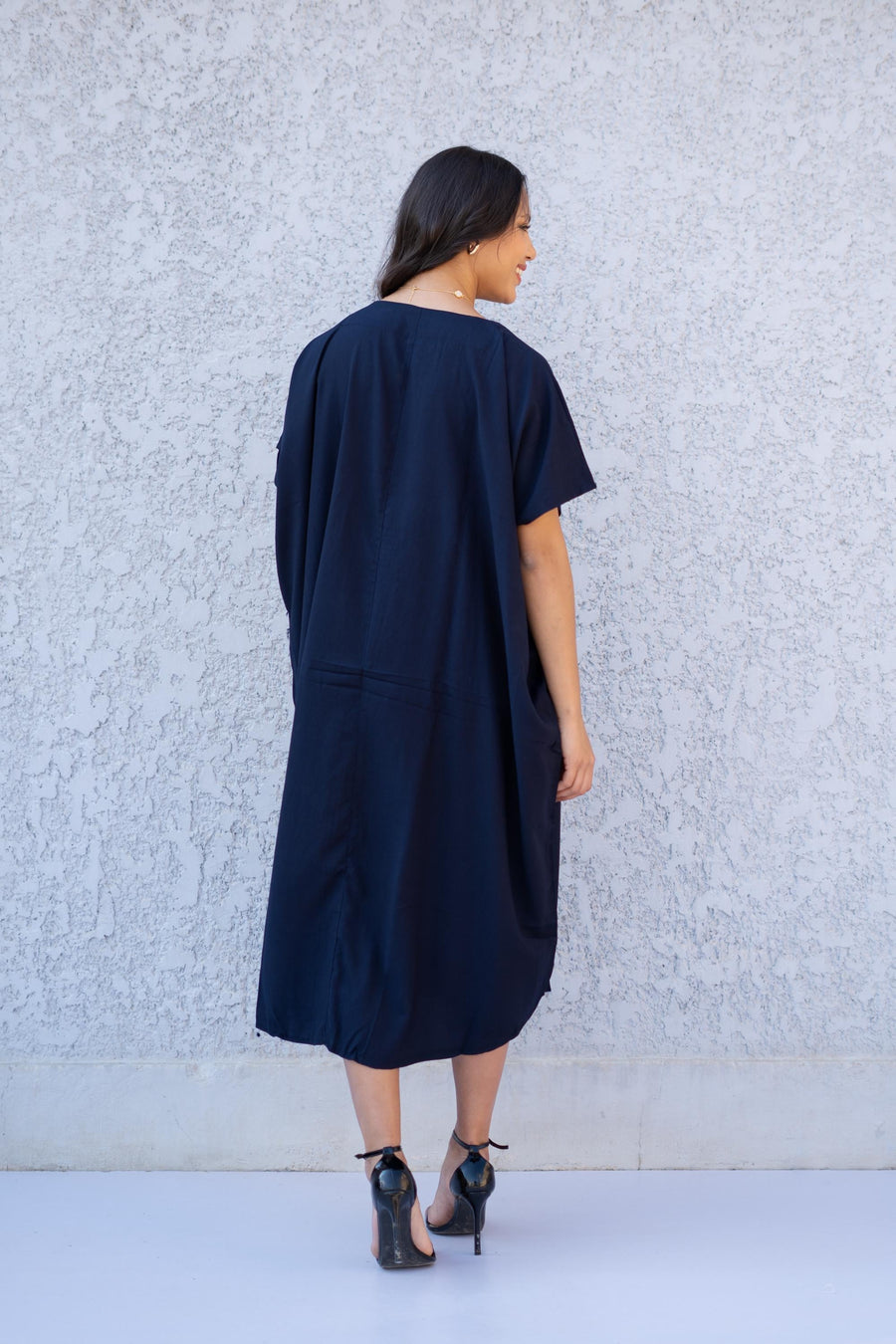 Evil eye Sequin Navy Blue Short midi kaftan dress, women's midi, Cotton Kaftan, Cotton caftan women, caftan, embroidered caftan 01-25