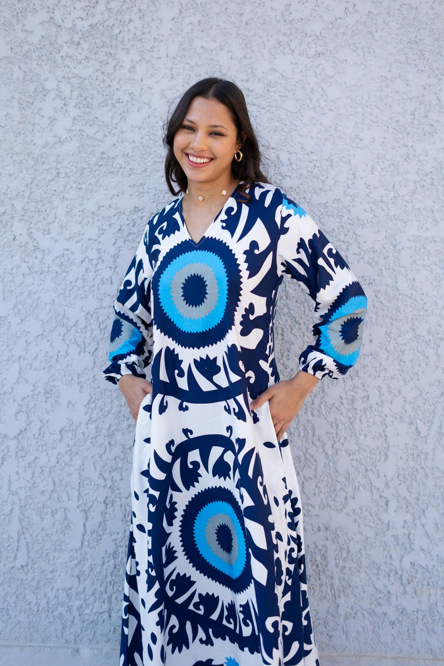 Evil Eye Blue Casual Long sleeve Boho Maxi dress with pockets, Caftans for women, Elegant colorful boho dress, Blue women kaftan