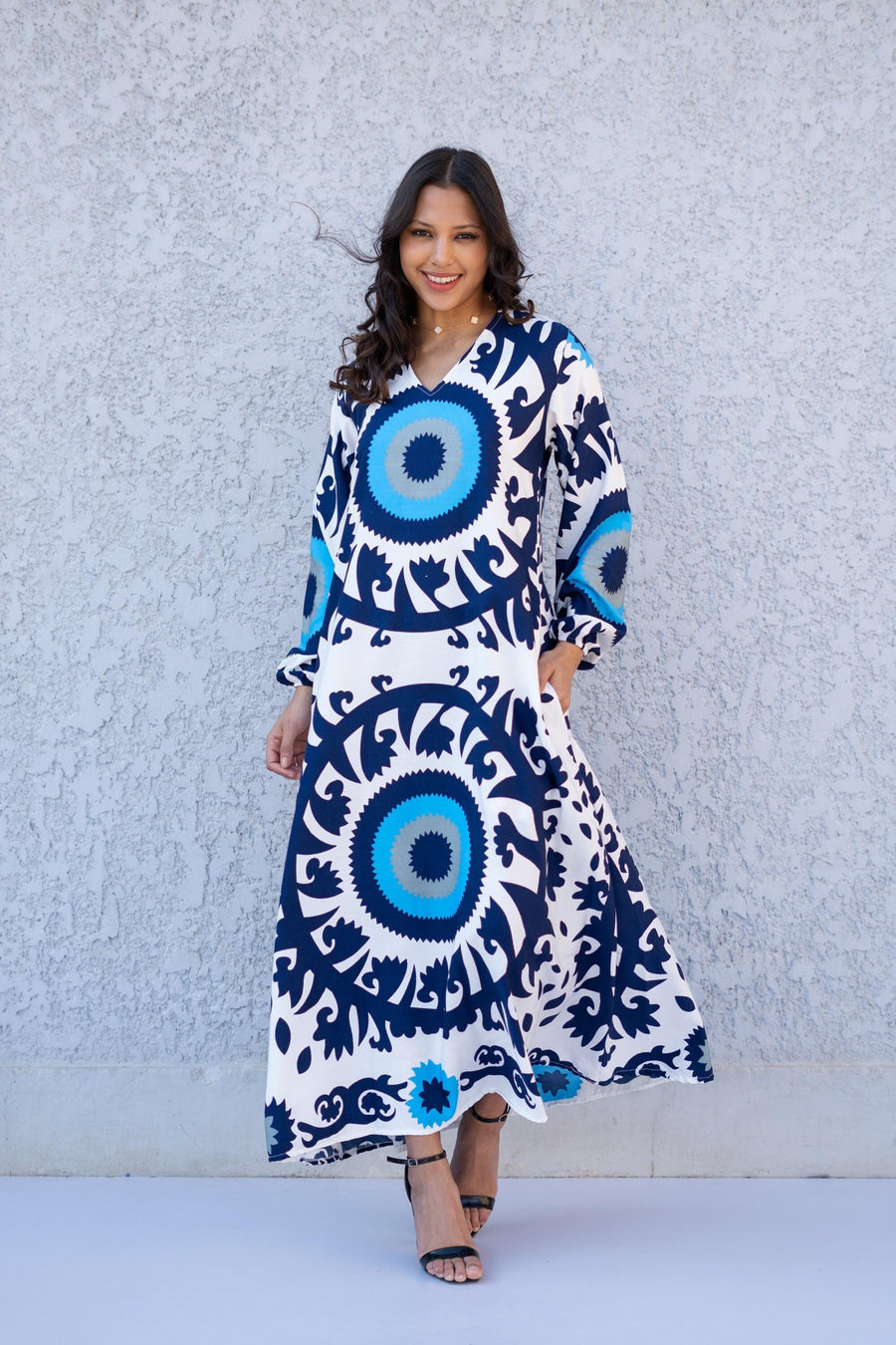 Evil Eye Blue Casual Long sleeve Boho Maxi dress with pockets, Caftans for women, Elegant colorful boho dress, Blue women kaftan