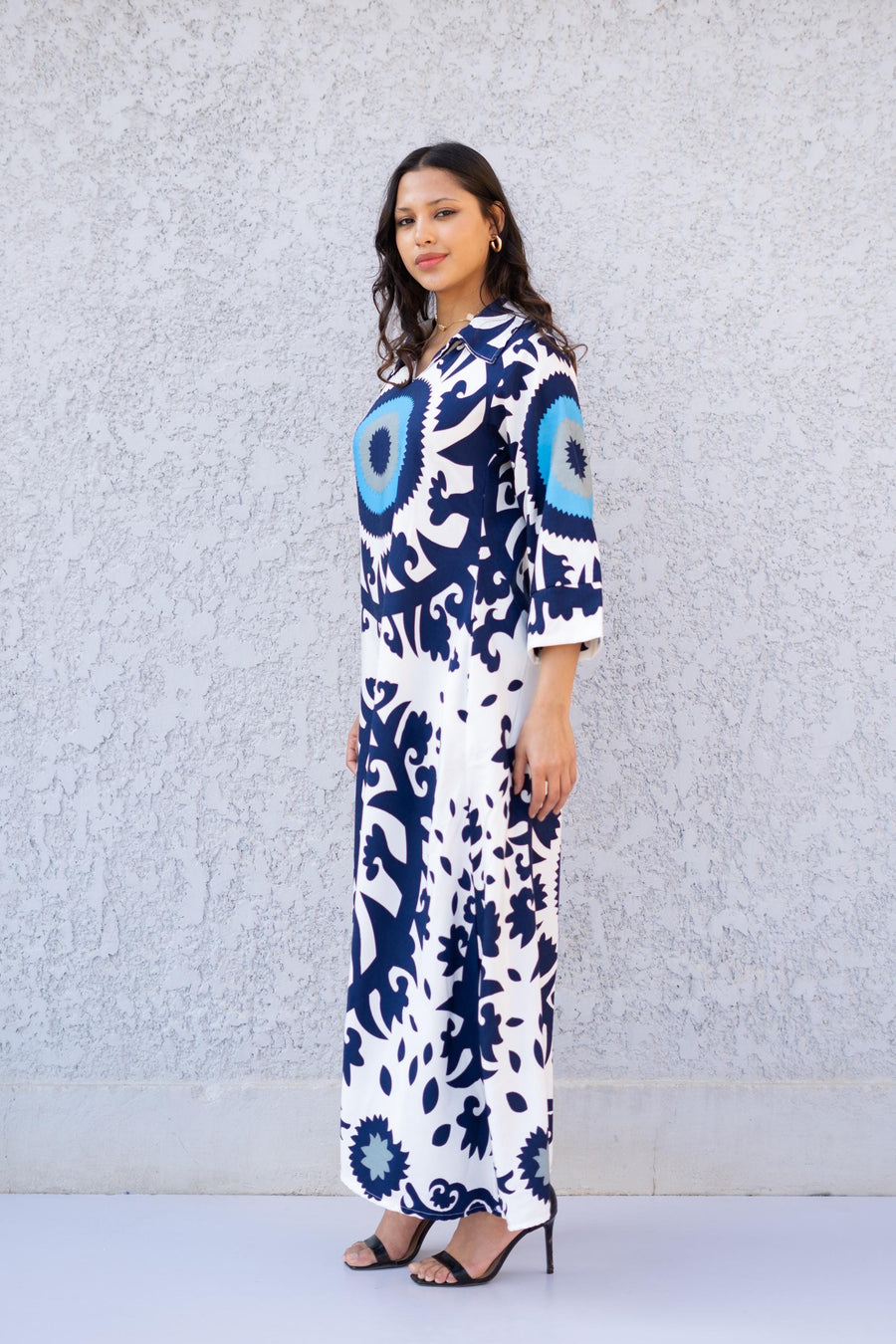 Collared neck Evil Eye 3/4 Sleeve Casual Long Boho Maxi dress with pockets, Caftans for women, Elegant colorful boho dress, women kaftan