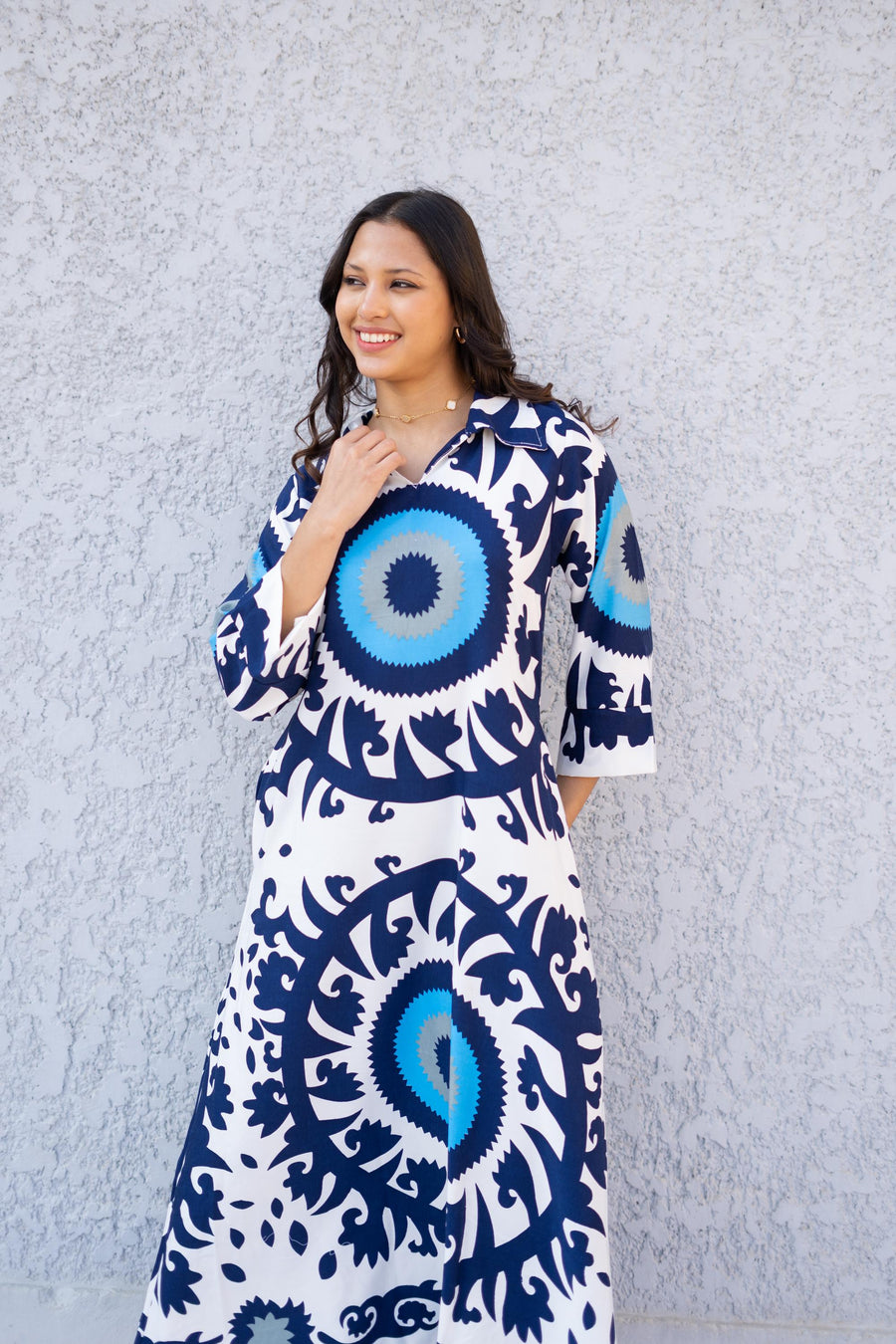 Collared neck Evil Eye 3/4 Sleeve Casual Long Boho Maxi dress with pockets, Caftans for women, Elegant colorful boho dress, women kaftan