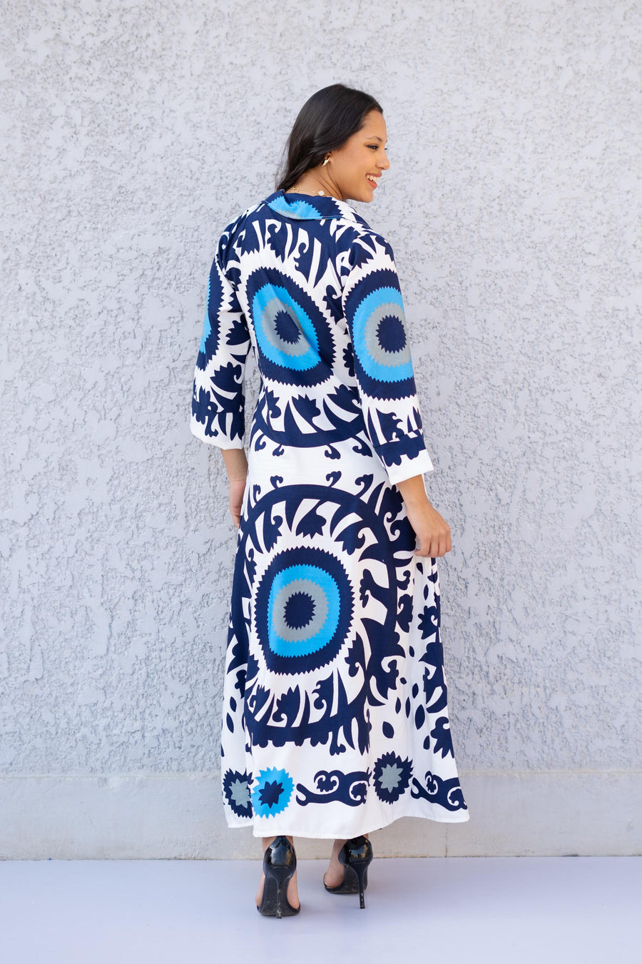 Collared neck Evil Eye 3/4 Sleeve Casual Long Boho Maxi dress with pockets, Caftans for women, Elegant colorful boho dress, women kaftan