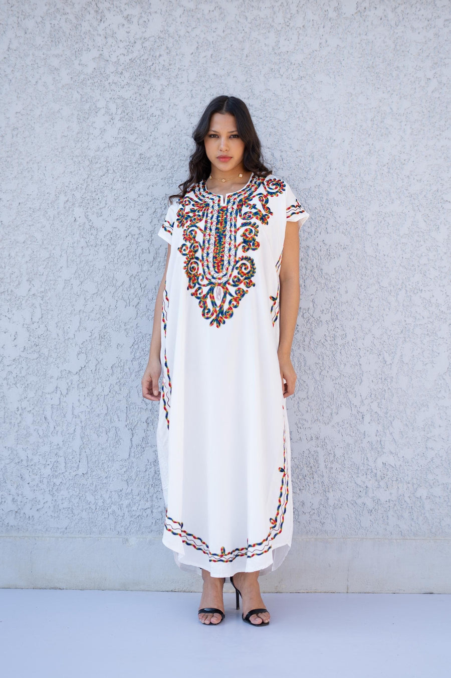 Colorful hand embroidered boho white caftan, women's caftan, Cotton Kaftan, Cotton caftan women, caftan, embroidered caftan, 01-25