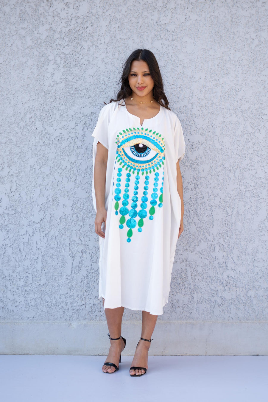 Evil eye Sequin White Short midi kaftan dress, women's midi, Cotton Kaftan, Cotton caftan women, caftan, embroidered caftan 01-25