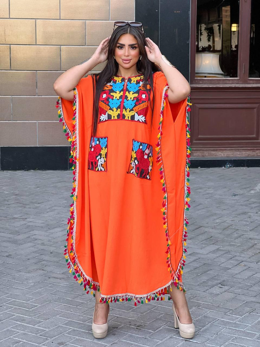 Boho Orange Tunic embroidered kaftan with pockets, embroidered tunic kaftan, cotton embroidered tunic dress, Summer tunic, vacation tunic