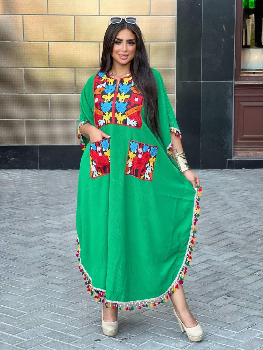 Bohemian Green Summer Caftan with pockets, Caftans for women, embroidered tunic kaftan, Linen/Poly embroidered tunic dress, Summer tunic