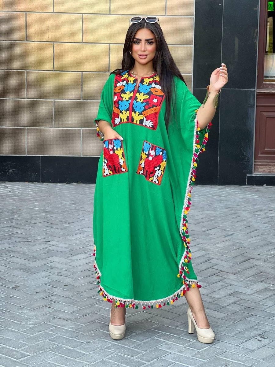 Bohemian Green Summer Caftan with pockets, Caftans for women, embroidered tunic kaftan, Linen/Poly embroidered tunic dress, Summer tunic