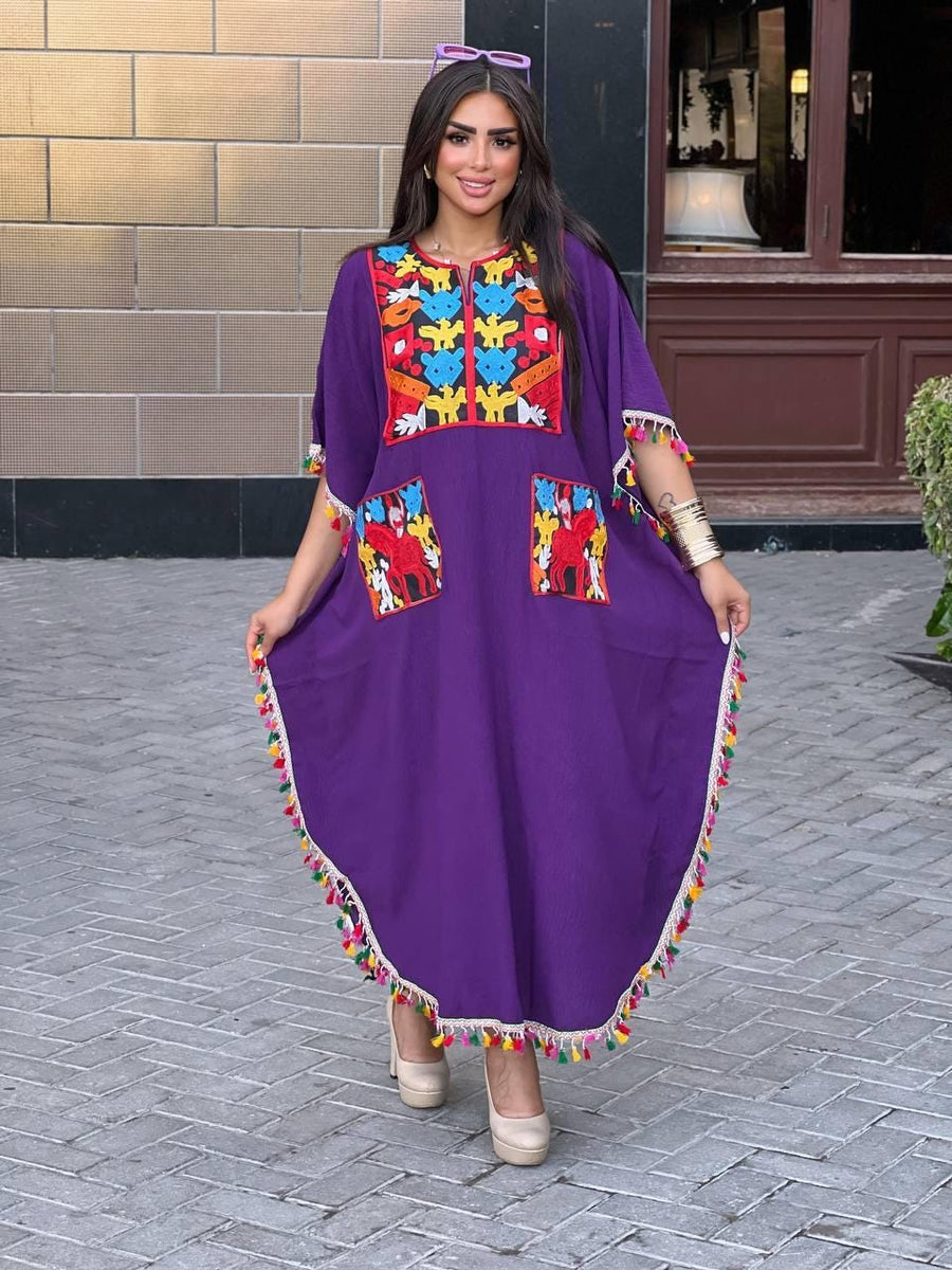 Bohemian Purple Summer Caftan with pockets, Caftans for women, embroidered tunic kaftan, Linen/Poly embroidered tunic dress, Summer tunic