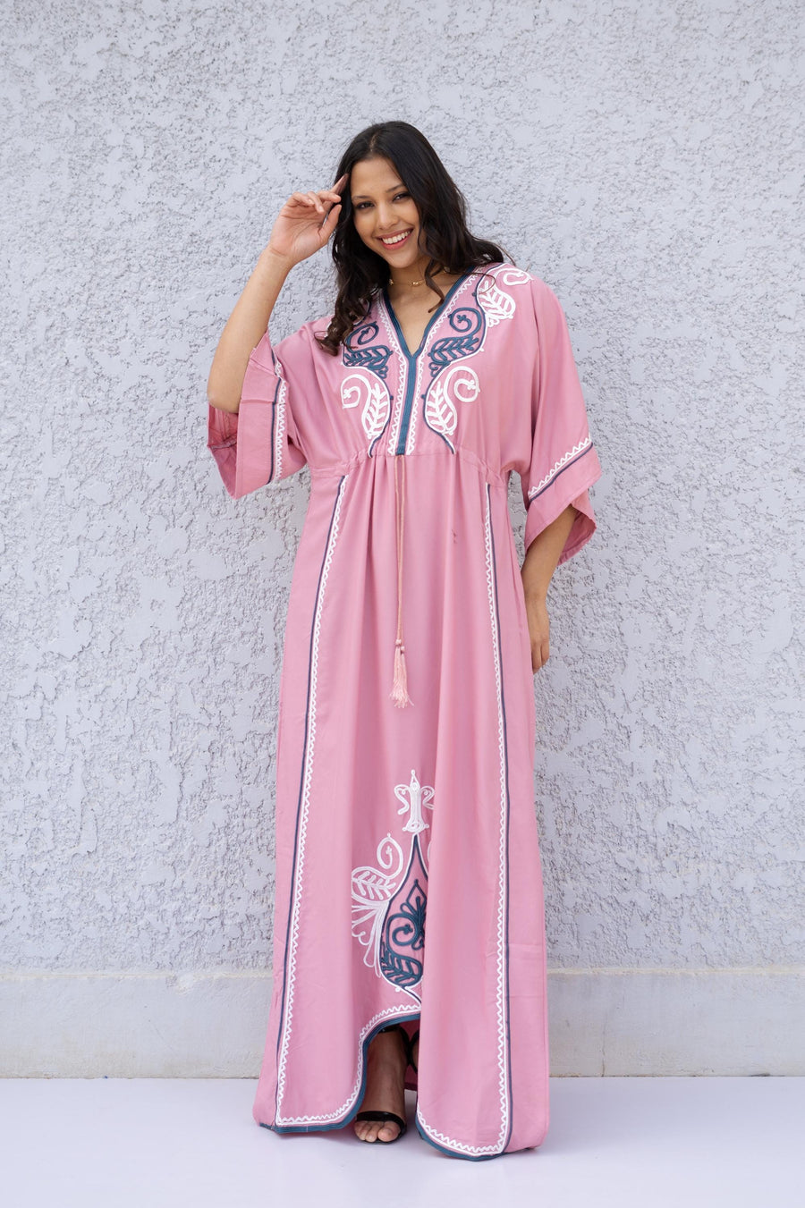 Salmon Pink Hand embroidered caftan, Cotton caftan dress, African women clothing, Caftans for women, Boho Kaftan for women