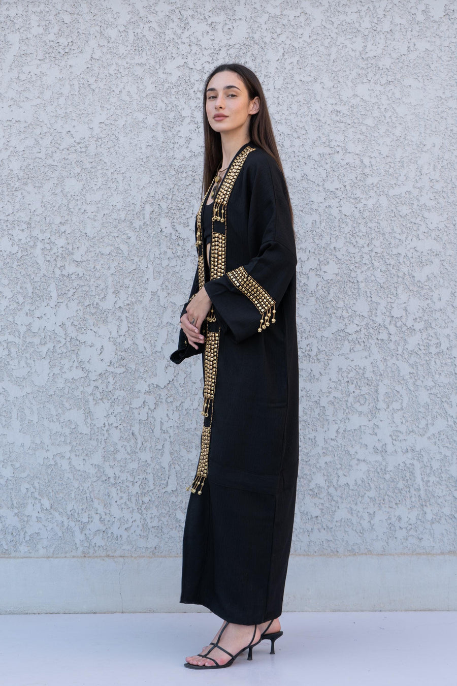 Stunning black Hand stitched cotton Kimono, Cotton Abaya with hand stitched beads, Boho summer Cardigan, ethnic duster for women