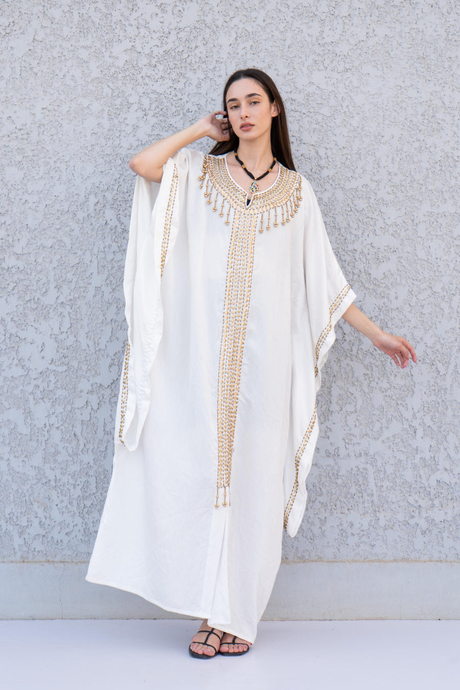 Exotic Egyptian white cotton Kaftan, One of a kind hand caftan with hand stitched beads, Plus size Kaftan, Handmade Kaftan, Ethnic Kaftan