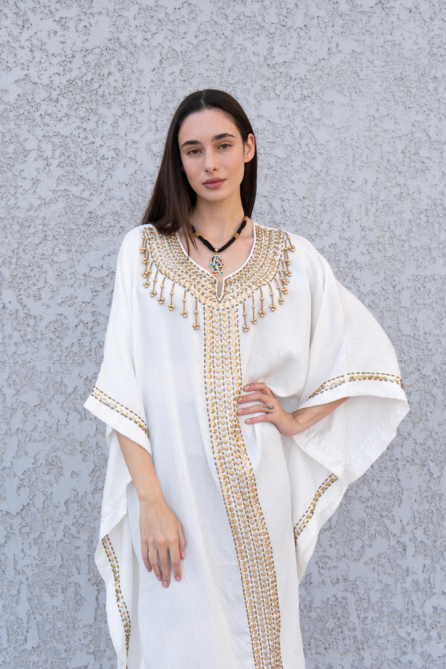 Exotic Egyptian white cotton Kaftan, One of a kind hand caftan with hand stitched beads, Plus size Kaftan, Handmade Kaftan, Ethnic Kaftan