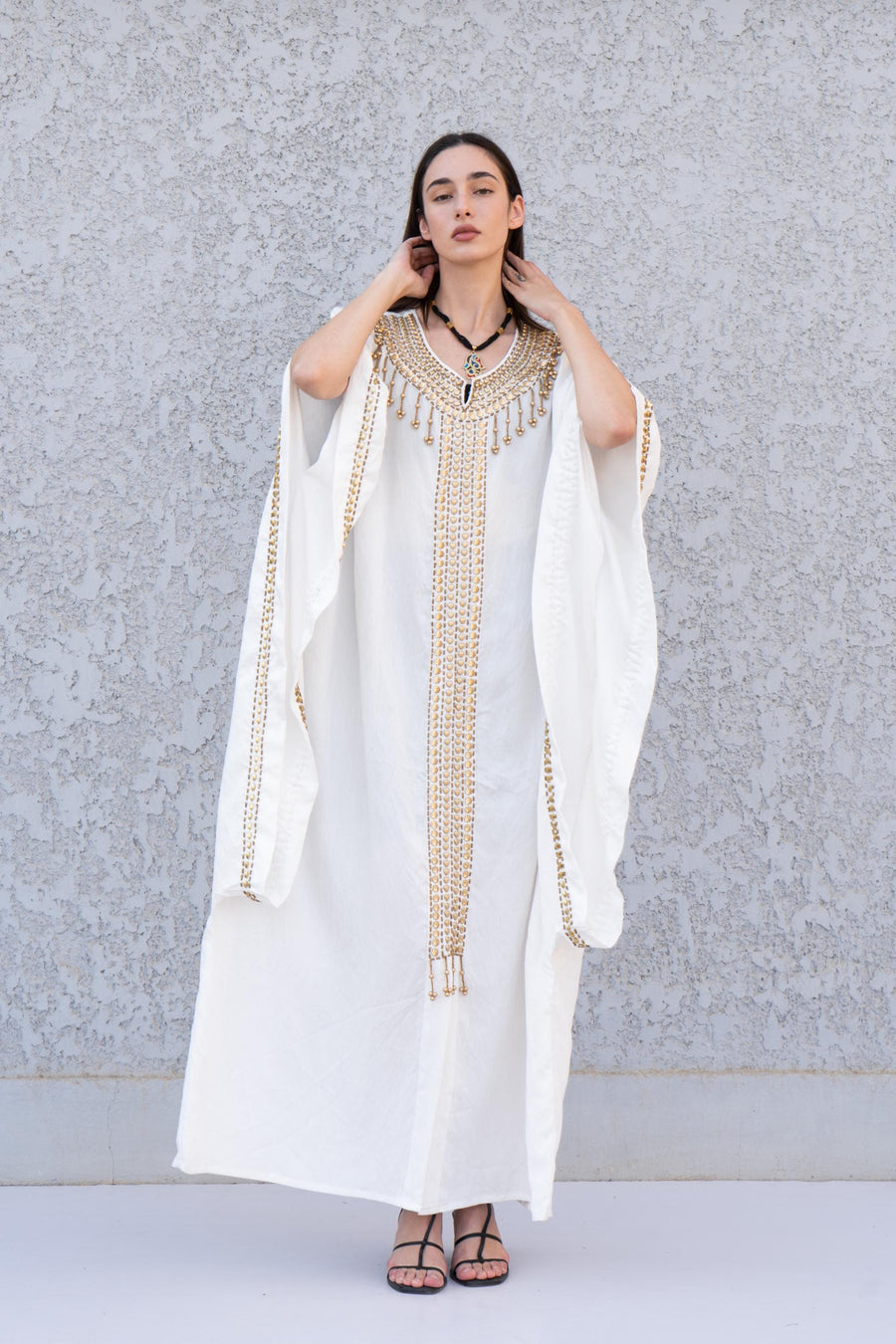 Exotic Egyptian white cotton Kaftan, One of a kind hand caftan with hand stitched beads, Plus size Kaftan, Handmade Kaftan, Ethnic Kaftan