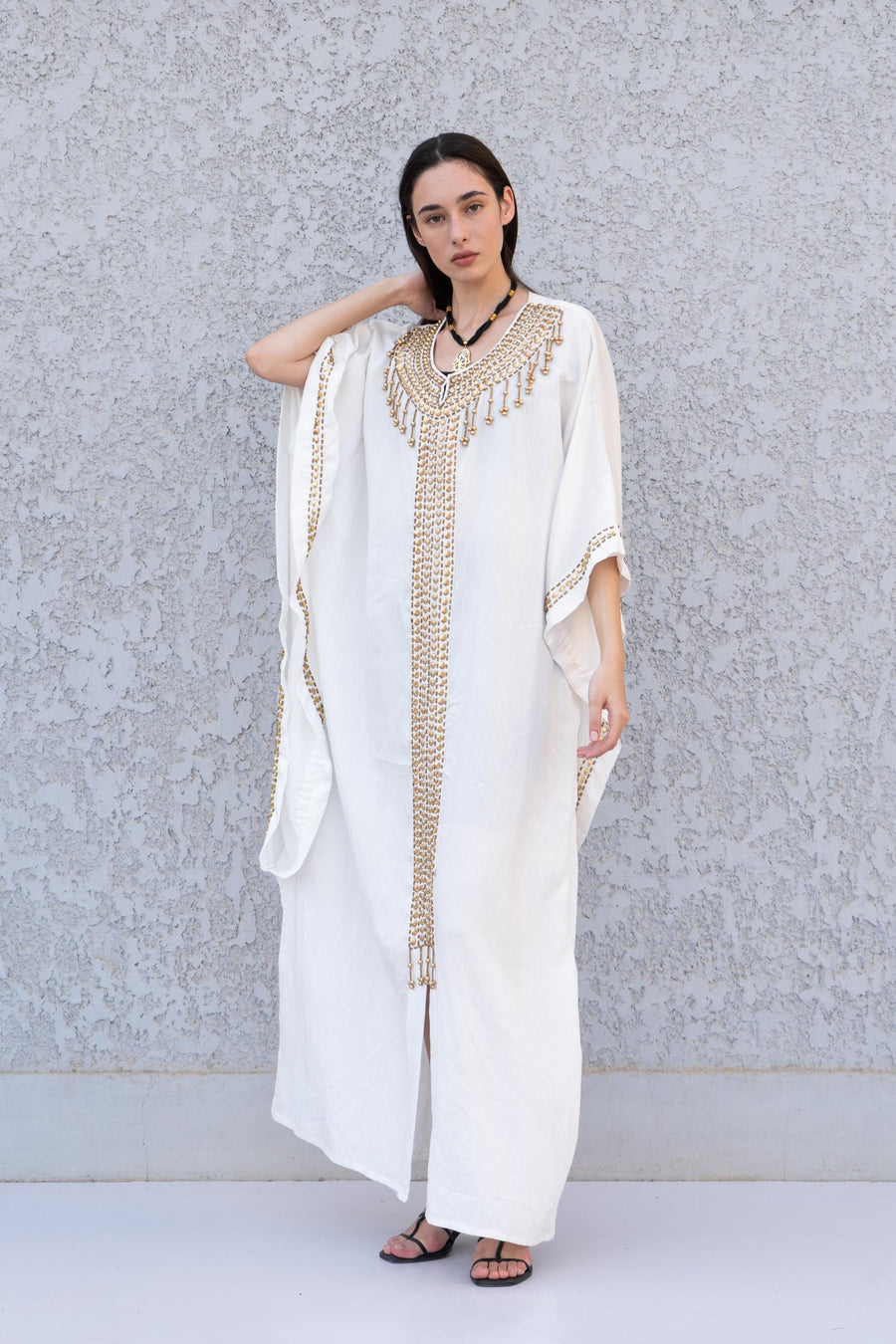 Exotic Egyptian white cotton Kaftan, One of a kind hand caftan with hand stitched beads, Plus size Kaftan, Handmade Kaftan, Ethnic Kaftan