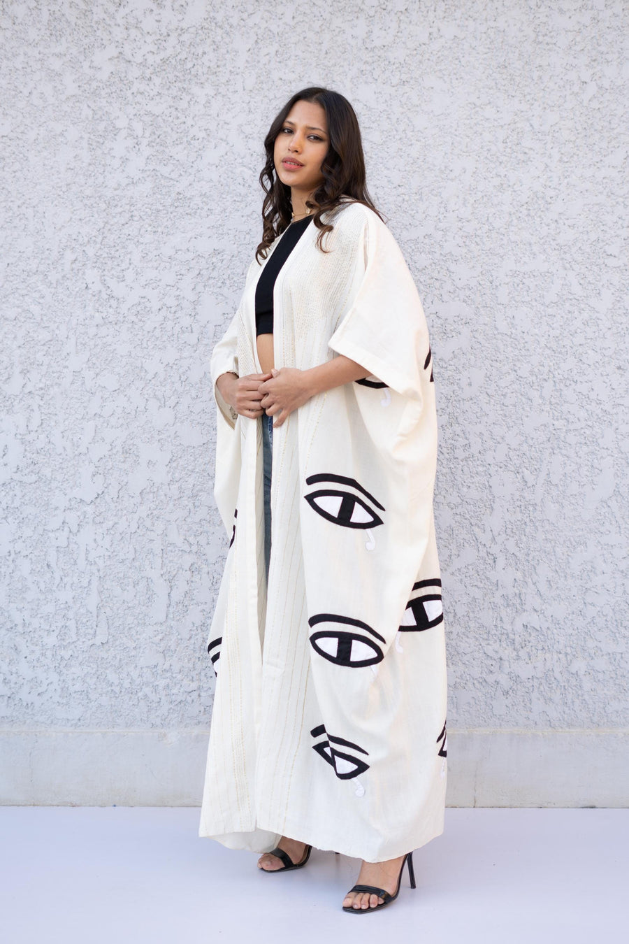 Stunning Off White Horus eye hand loomed Abaya, Gold abaya with silver threads, embroidered Abaya, Embroidered Kimono, Kimonos for women