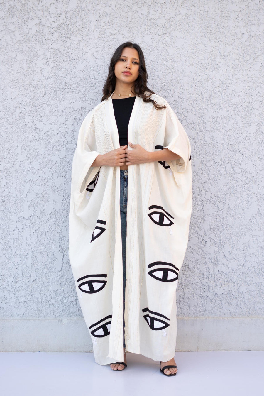 Stunning Off White Horus eye hand loomed Abaya, Gold abaya with silver threads, embroidered Abaya, Embroidered Kimono, Kimonos for women