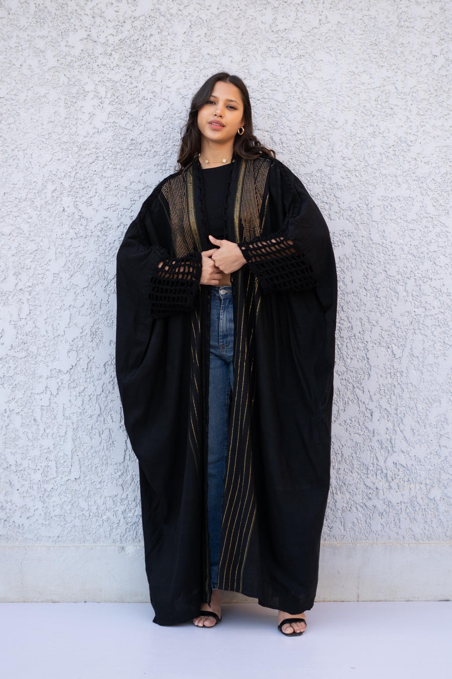 Stunningly chic Gold thread hand loomed Winter Abaya, crochet detail, Winter Wool Kimono, Black Kimono, Boho Kimono, Abaya, Handmade Abaya