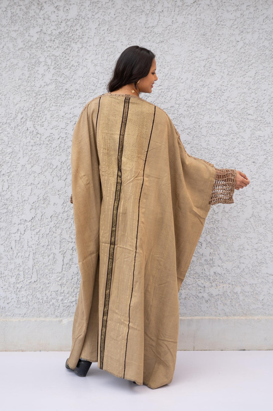 Egyptian Goddess Gold hand loomed Winter Abaya, Gold threads and crochet detail Abaya, Black Kimono, Boho Kimono, Abaya, Handmade Abaya