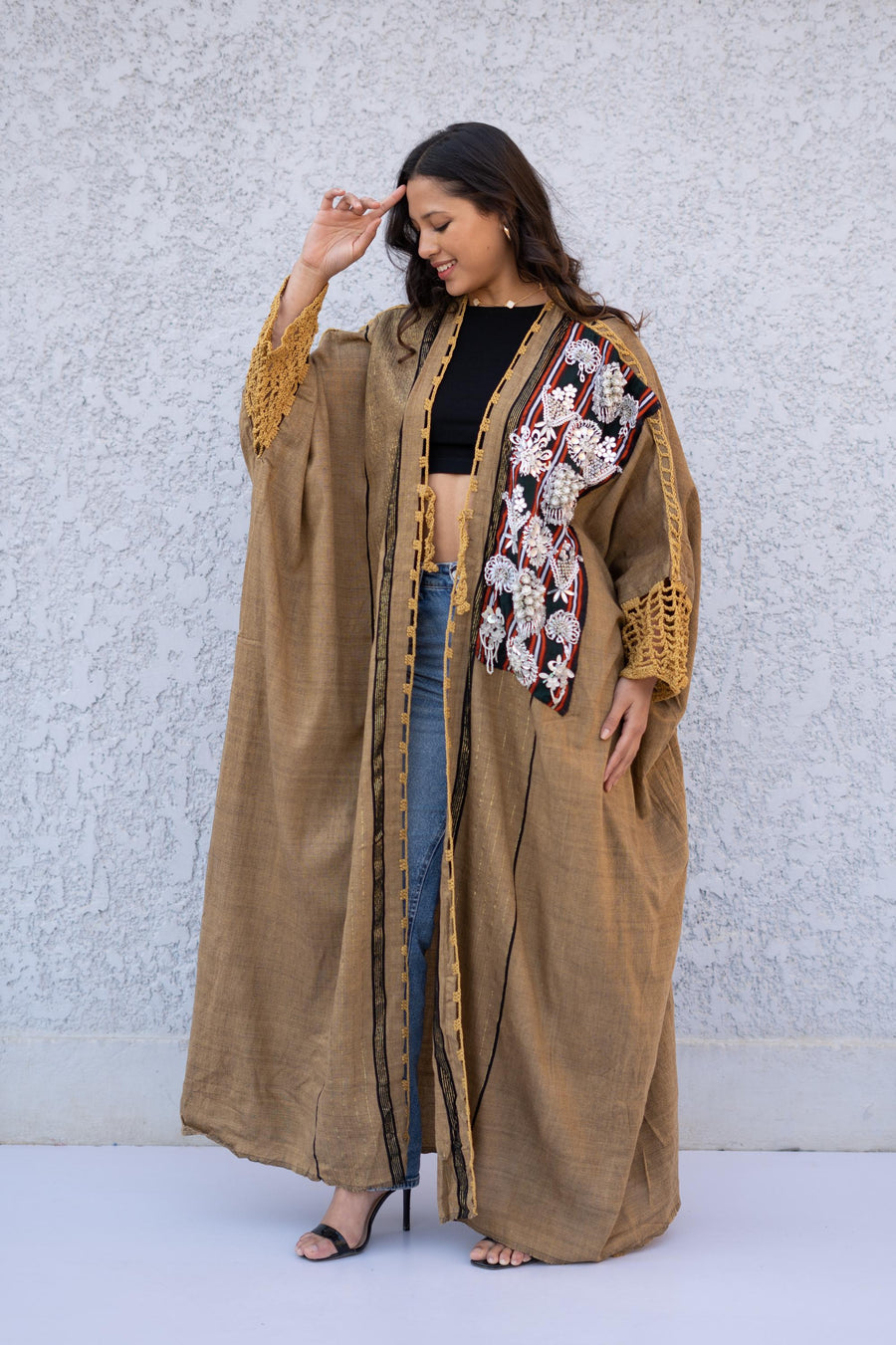 Vintage Patched Gold hand loomed Winter Abaya, Gold threads and crochet detail Abaya, Black Kimono, Boho Kimono, Abaya, Handmade Abaya