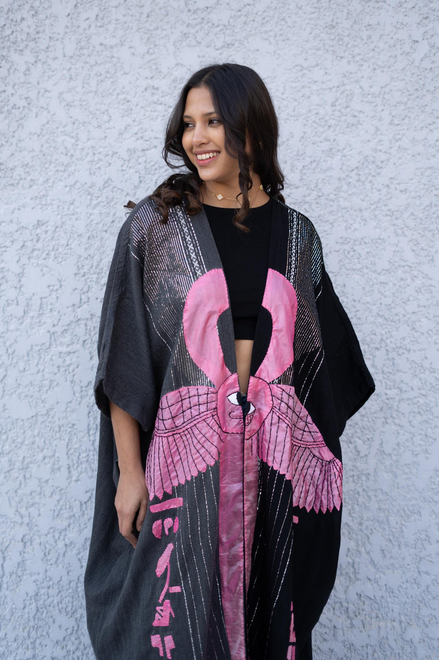 Stunning Egyptian Ankh Hand Stitched hand loomed Abaya, Gold threads and crochet detail Abaya, Black Kimono, Boho Kimono, Handmade Abaya