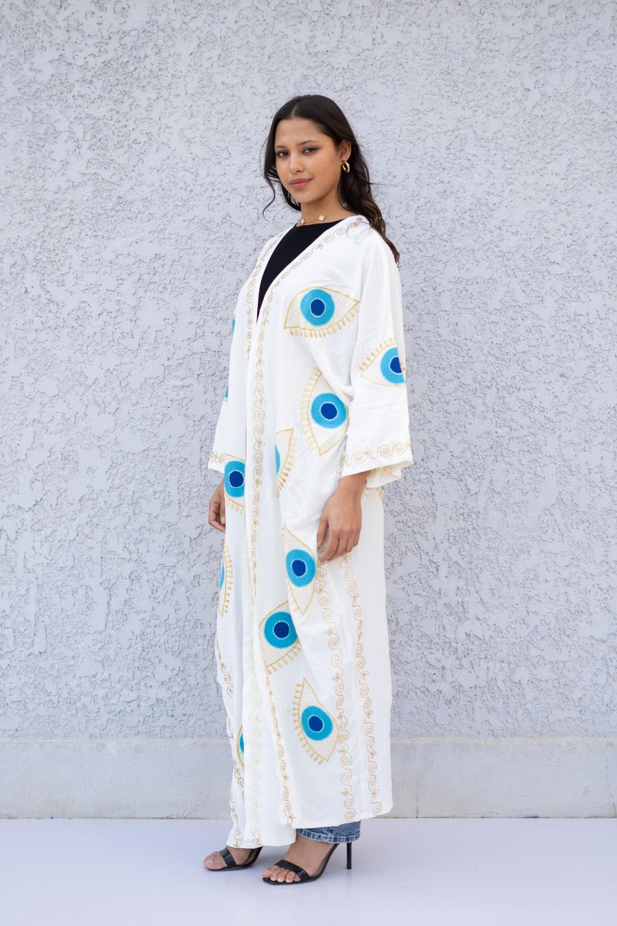 White Evil eye Embroidered Gold detailed Abaya, Boho Kimono Cardigan, Women' Cardigans, Boho Cardigan, Duster, Black Cardigan, Kimonos