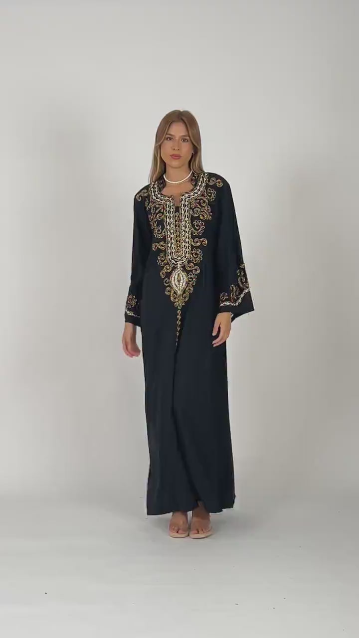 Chic black flared sleeves hand embroidered Caftan, caftans for women, Kaftans, embroidered Caftan dress, Caftan maxi dress