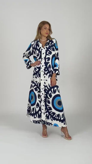 Beautiful sea blue print Caftan dress, Caftans for women, Elegant colorful boho dress, Blue women kaftan