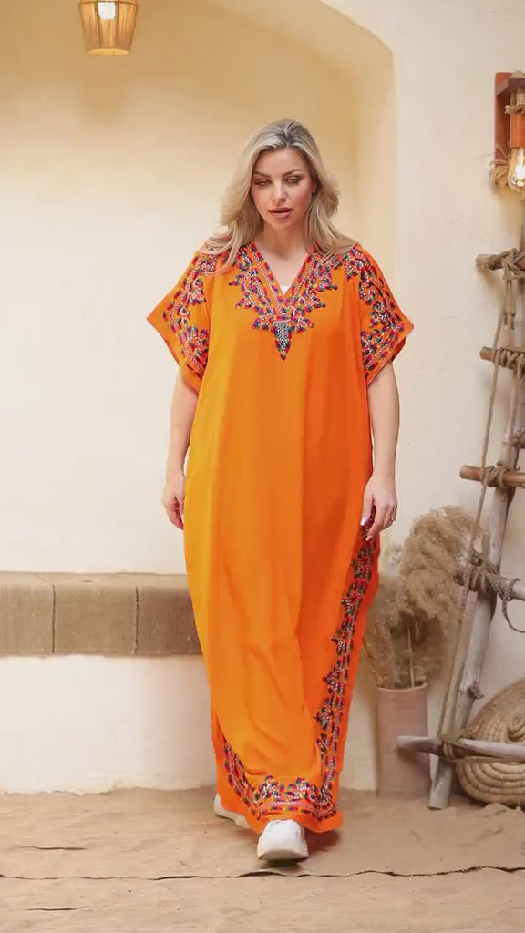 Fresh orange summer embroidered Kaftan, caftans for women, caftan, women's kaftan, free size Kaftan, Summer Kaftan, cotton Caftans