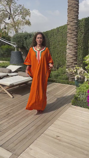 Elegant Moroccan Orange Plus size hand embroidered caftan for women, caftan, women's kaftan, free size Kaftan, Summer Kaftan, cotton Caftans