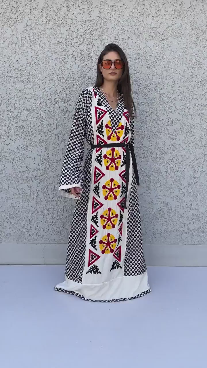 Beautiful Checkered white embroidered Caftan, cotton caftans for women, Kaftans, embroidered Caftan, Caftan maxi dress, Caftans for women