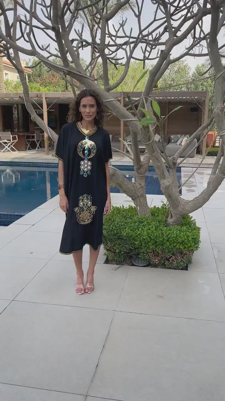 Short summer Black Sequin Hamsa Tunic caftan, caftans for women, women's kaftan, free size Kaftan, Summer Kaftan, cotton Caftans