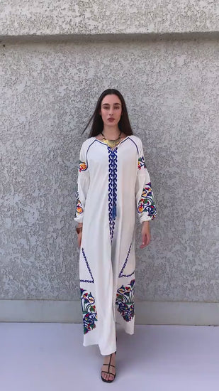 Boho white summer Kaftan, Long sleeve cotton Kaftan dress, Colorful embroidered Kaftan dress, kaftan maxi dress, Caftans for women, Caftans