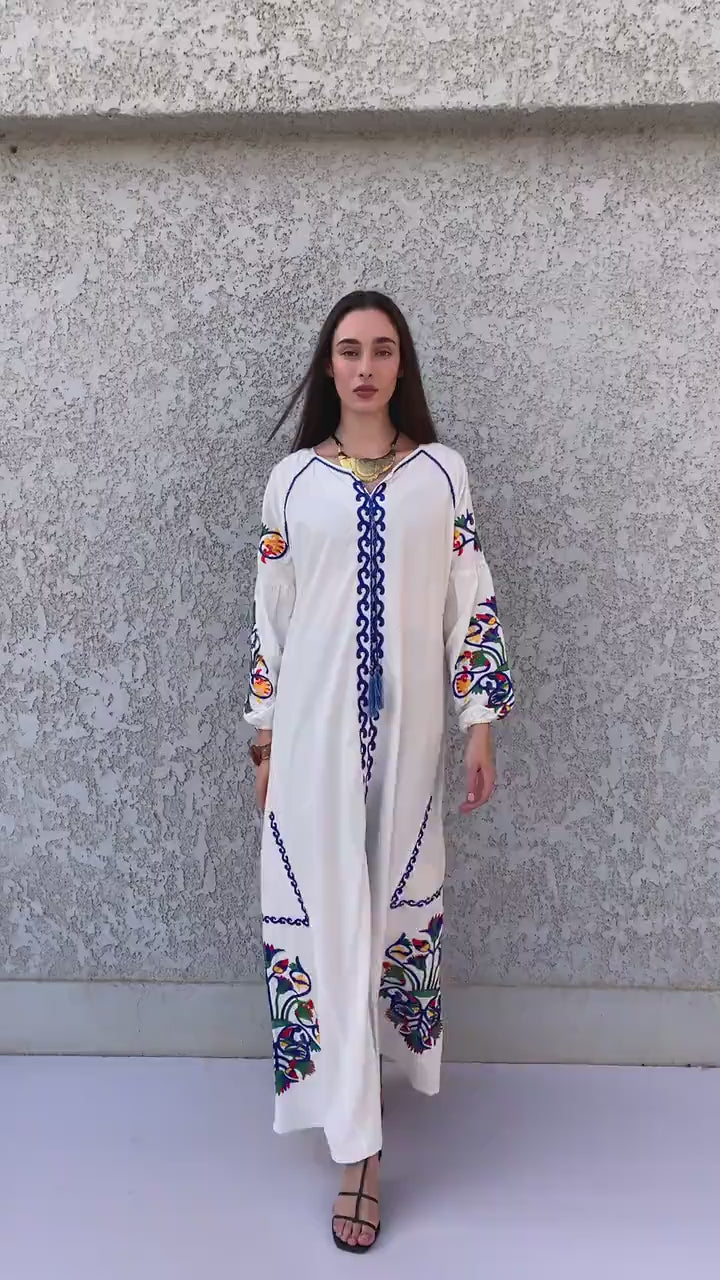 Boho white summer Kaftan, Long sleeve cotton Kaftan dress, Colorful embroidered Kaftan dress, kaftan maxi dress, Caftans for women, Caftans