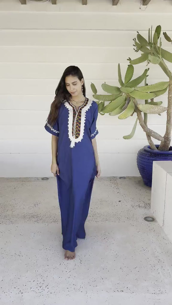 Stunning blue embroidered kaftan, Maxi kaftan dress, Bohemian cotton Kaftan, Caftans for women