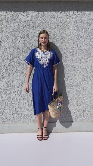 Royal blue Tunic kaftan dress, Bohemian embroidery tunic dress, embroidered tunic kaftan, Egyptian cotton. Summer, casual, home dress