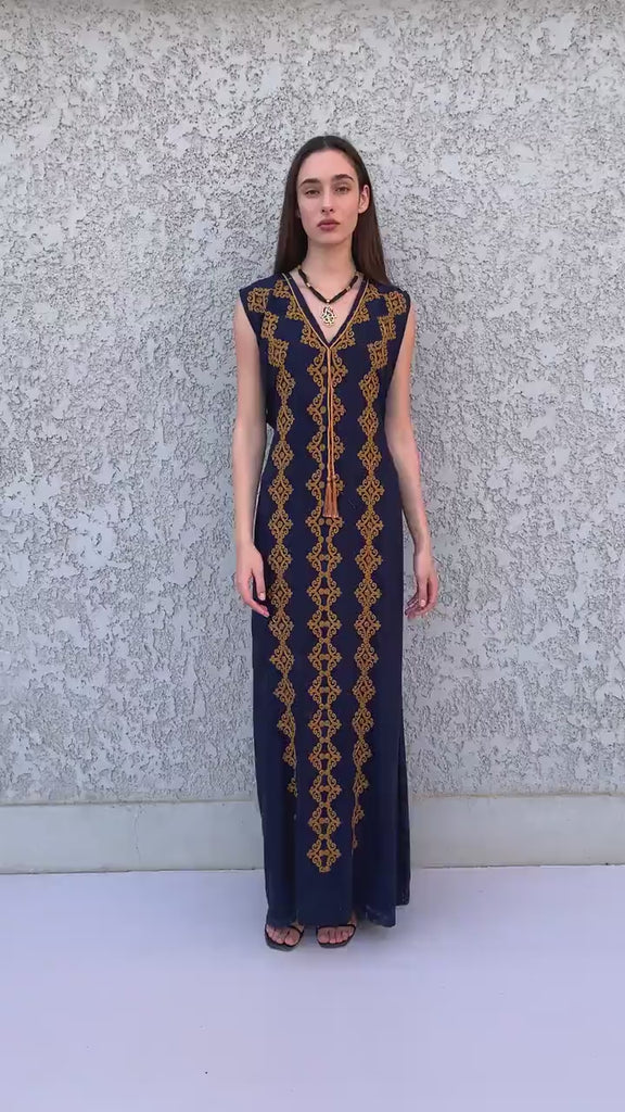 Chic sleeveless Navy blue embroidered caftan, elegant embroidered Caftan dress, Caftan maxi dress, Caftans for women, Cotton caftans summer