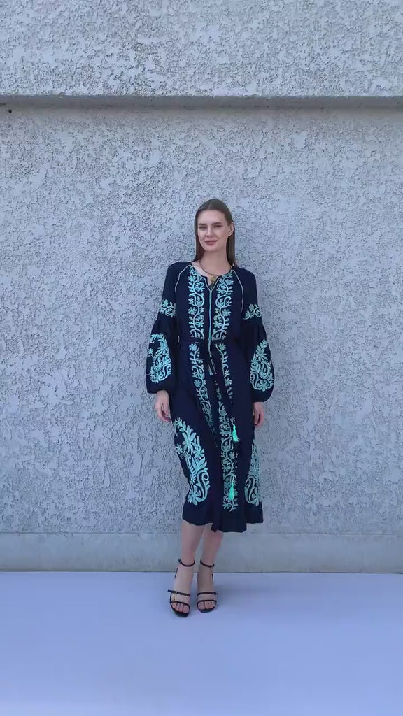 Beautiful embroidered navy blue cotton kaftan dress, tunic dress, caftans for women, Egyptian cotton. Summer caftan, party, casual dress