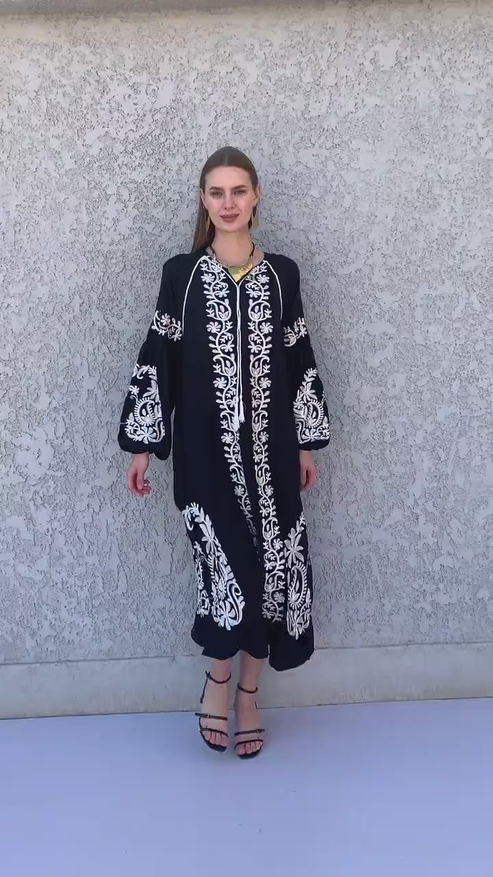 Black and Gold embroidered cotton tunic kaftan dress, embroidered tunic kaftan dress, caftans for women, cotton Summer caftan dress, party