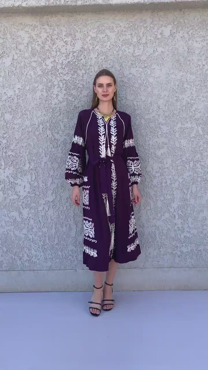 Chic Midi cotton caftan, Purple Summer kaftan dress, embroidered tunic dress, caftans for women, Egyptian cotton. Summer caftan, festival