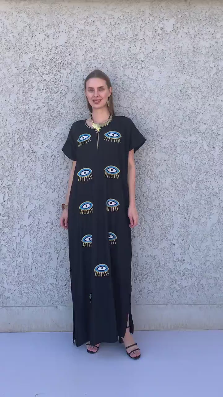 Black Evil eye cotton kaftan dress, Egyptian cotton caftan dress, caftans for women, Loose fit kaftan, Summer, casual, home dress