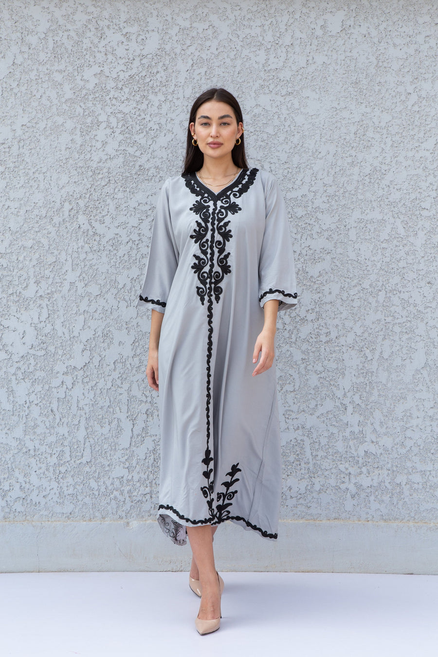 Stunning Grey hand embroidered Kaftan maxi dress, Kaftan maxi, Cotton caftan women, caftan, Chic embroidered caftan, Egyptian cotton 10-23