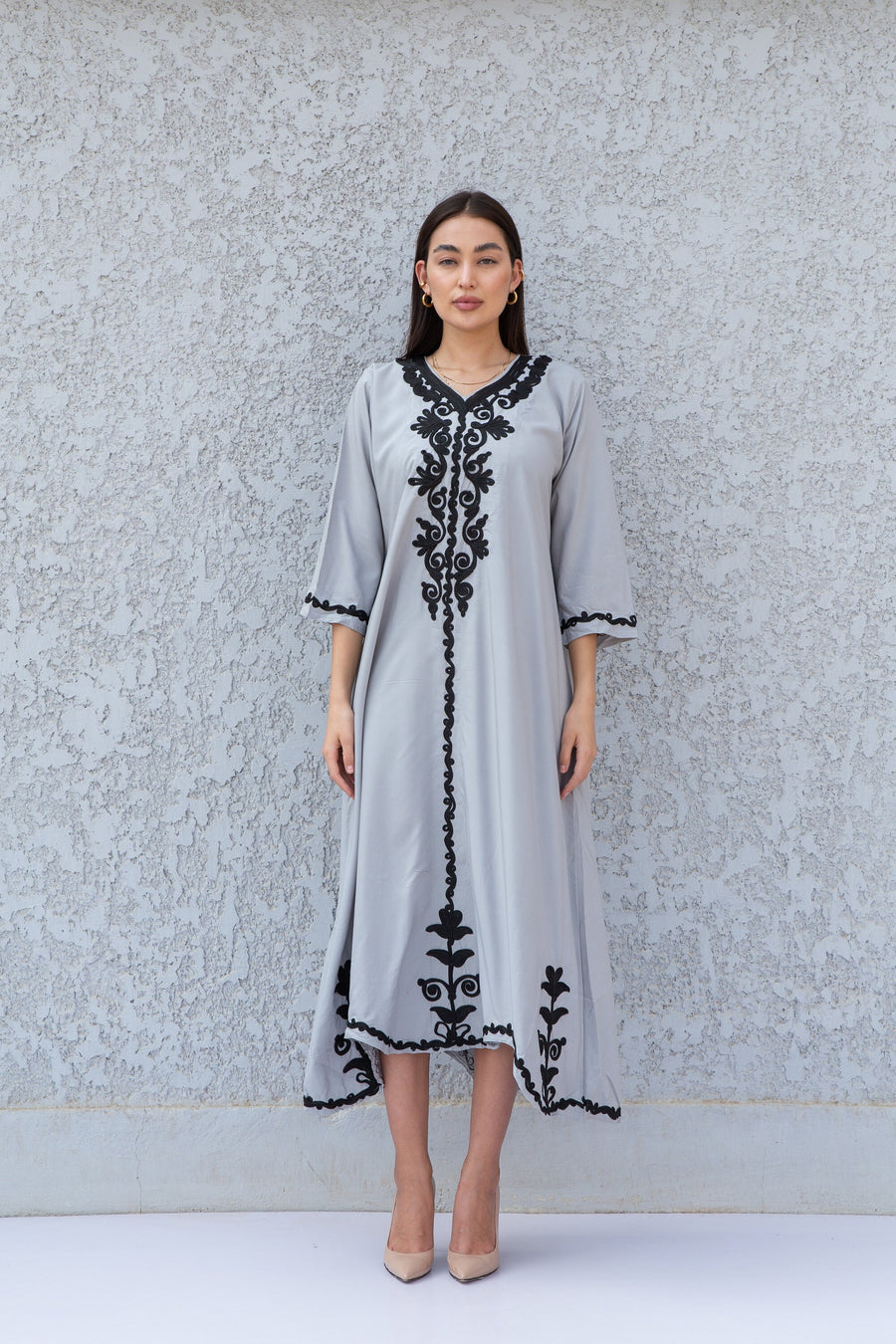 Stunning Grey hand embroidered Kaftan maxi dress, Kaftan maxi, Cotton caftan women, caftan, Chic embroidered caftan, Egyptian cotton 10-23