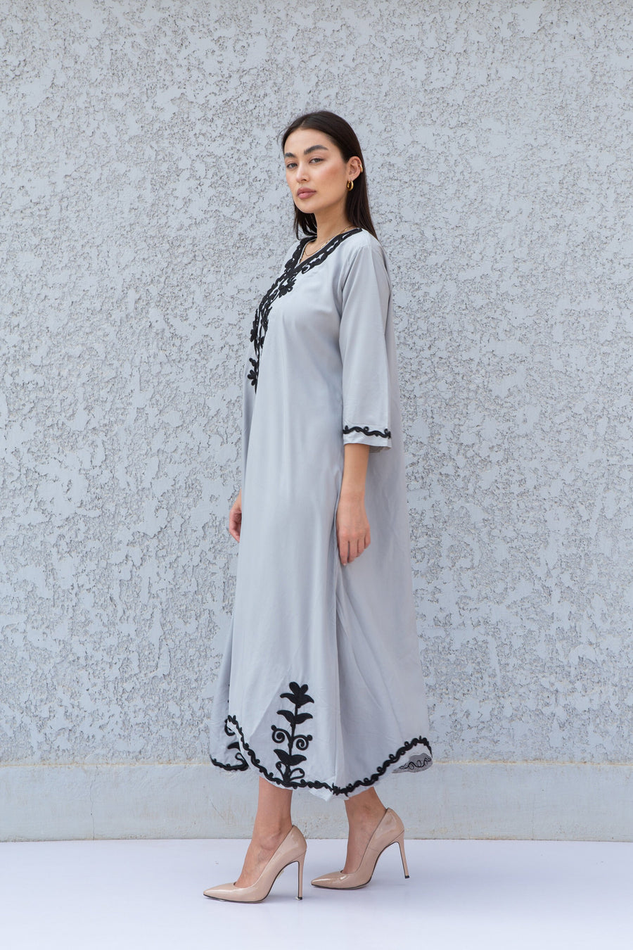 Stunning Grey hand embroidered Kaftan maxi dress, Kaftan maxi, Cotton caftan women, caftan, Chic embroidered caftan, Egyptian cotton 10-23