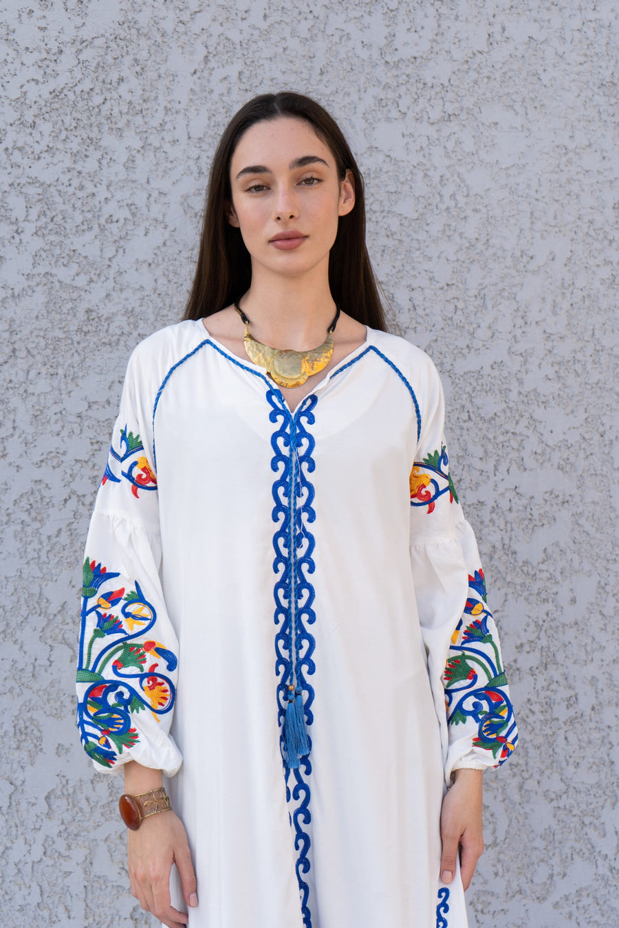 Boho white summer Kaftan, Long sleeve cotton Kaftan dress, Colorful embroidered Kaftan dress, kaftan maxi dress, Caftans for women, Caftans