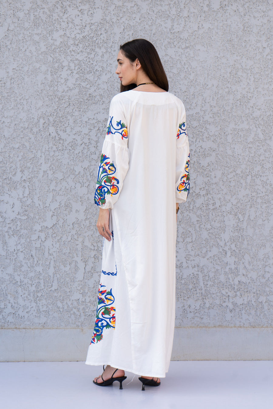 Boho white summer Kaftan, Long sleeve cotton Kaftan dress, Colorful embroidered Kaftan dress, kaftan maxi dress, Caftans for women, Caftans