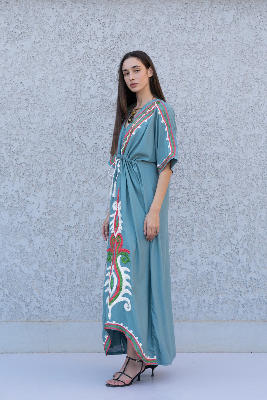 Teal Hand Embroidered kaftan dress, cotton Kaftan dress, embroidered kaftan, women kaftans, caftans for women, caftans, summer kaftans