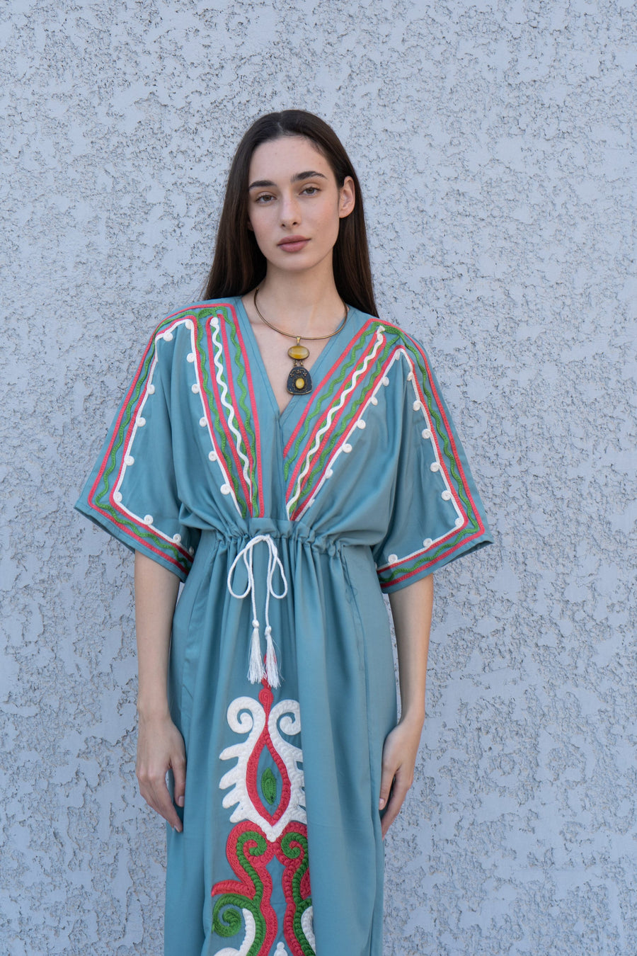 Teal Hand Embroidered kaftan dress, cotton Kaftan dress, embroidered kaftan, women kaftans, caftans for women, caftans, summer kaftans